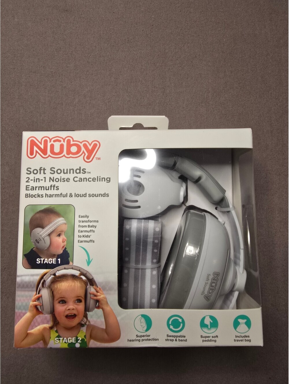 NEW Nuby Soft Sounds 2-in-1 Noise Canceling Baby & Toddler Earmuffs Gray Sealed